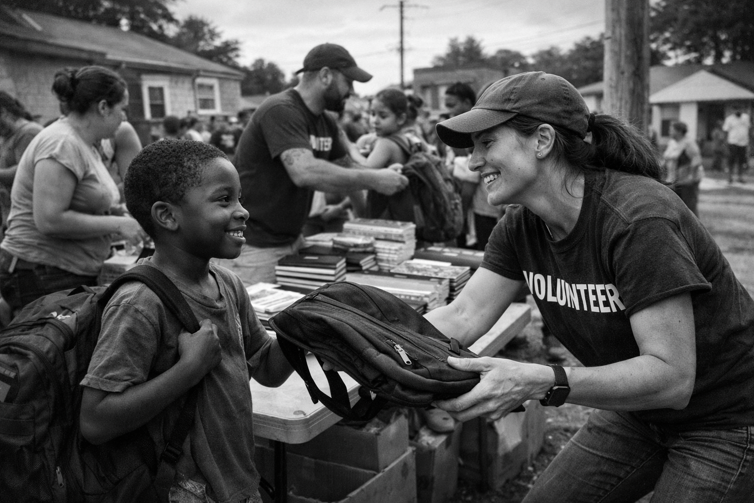 Children receiving school supplies